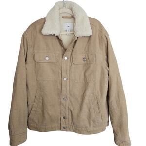 H&M Mens Corduroy Trucker Jacket  Faux Sherpa Lined Button Front Sz L Streetwear